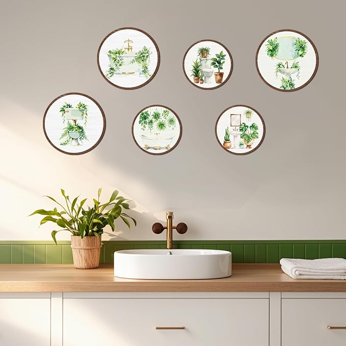 TOARTi 6pcs Minimalist Botanical Bathroom Wall Art Set(9.9”x3/7.9”x3) Round Sage Green Plant Wall Hanging Farmhouse Plant Toilet Wooden Sign Sage Botanical Wall Decor for Washroom Toilet