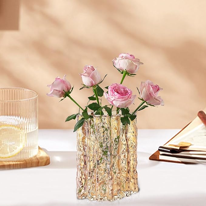 Aoderun Glass Vase Crystal Vase Heavy Duty Large Flower Vase for Dining Table Kitchen Office Home Shelf Wedding Living Room Centerpieces(Amber)