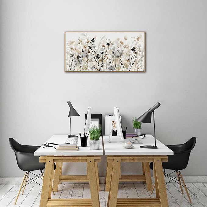 Framed Floral Wall Art Abstract Grey Cream White Grass Flowers Canvas Pictures Modern Landscape Painting Botanical Artwork for Living Room Bedroom Kitchen Office Wall Decor Ready to Hang 20" x 40"