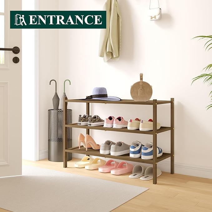 Smiry Bamboo Shoe Rack, 3 Tier Shoe Organizer for Entryway & Closet, Stackable Free Standing Storage Shelf for Shoes, Bags & Plants, Walnut