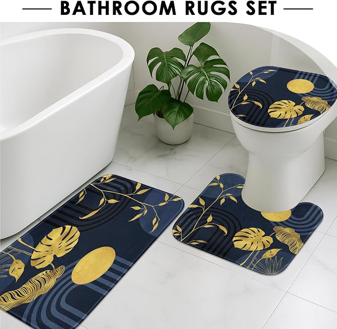 Boho Blue Shower Curtain Set with Toilet Lid Cover and Non-Slip Rugs, Abstract Gold Modern Tropical 4 Pcs Modern Minimalist Vintage Shower Curtain for Bathroom Set with 12 Hooks