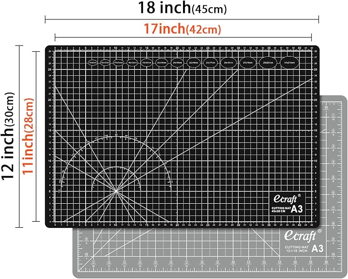 Ecraft Self Healing Cutting Mat:18"x12" Double Sided 5-Ply Hobby Mat, A3 Rotary Cutting Sewing Mat for Crafts, Fabric,Sewing,Quilting,Scrapbooking,Projects,Grey/Black