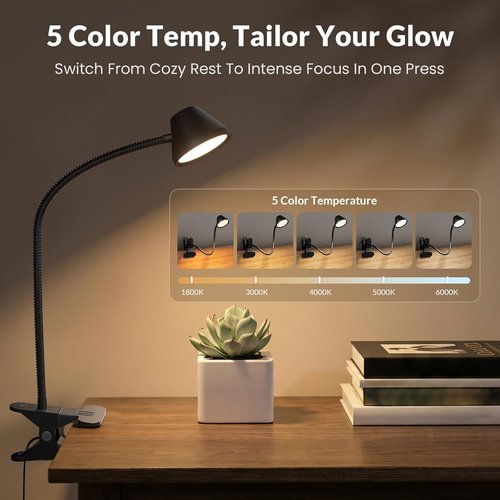 LEPOWER Clip-On Light - 7W Eye-Care Reading Light with Stepless Dimming & Auto Timer | Black, 5 Colors Available