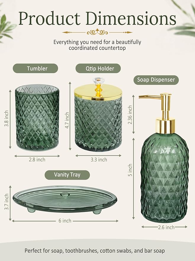 Haturi Bathroom Accessories Set, 4Pcs Sage Green Glass Bathroom Set Complete w/Bathroom Soap Dispenser Set, Toothbrush Holder, Qtip Holder, Soap Dish, Green Bathroom Decor, Gift for Home Apartment
