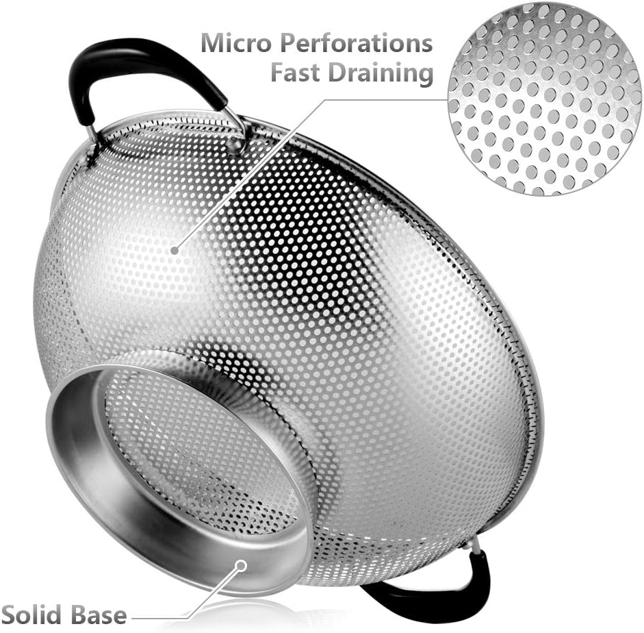 Tiawudi 5-Quart Stainless Steel Colander - Easy Grip Micro-Perforated Strainer with Heat-Resistant Handles