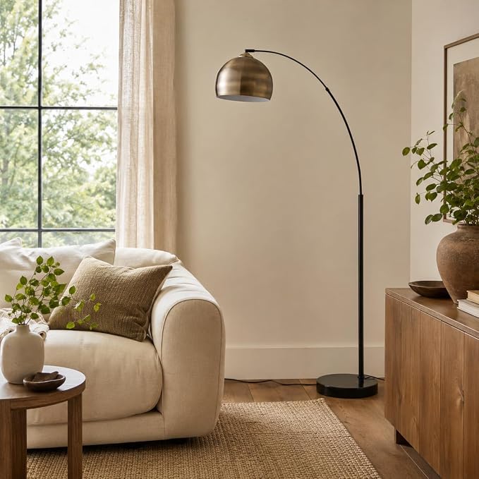 Teamson Home Arquer 68.1" Arc Floor Lamp for Living Rooms, Home Offices, Dining Rooms, Bedrooms with Faux Black Marble Base and Antique Brass Bell Shade