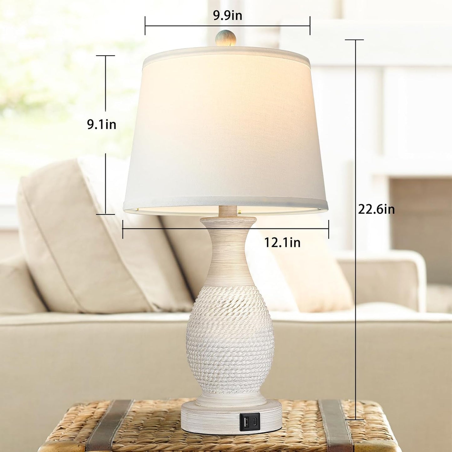 Table Lamps Set of 2, Bedside Touch Lamp with USB C+A Charging Ports, Side Table Lamp with White Fabric Shade (LED Bulbs Included)