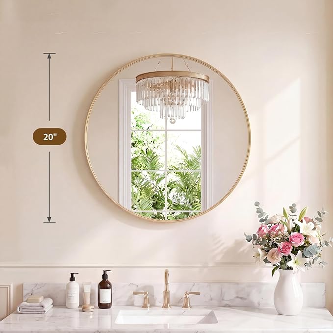 Sweetcrispy Bathroom Round Mirror for Over Sink, 20 Inch Wall Circle Mirror with Matte Metal Frame, Modern Wall Mount Vanity Mirror for Home Decor, Living Room, Bedroom, Gold