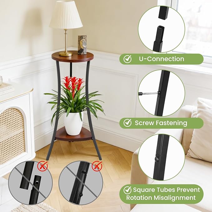 2-Tier Tall Plant Stand Indoor Outdoor, Round Wooden Corner Plant Shelf with Walnut Panel & Black Metal Frame, Modern Flower Pot Holder Rack for Living Room, Balcony, Patio Decor
