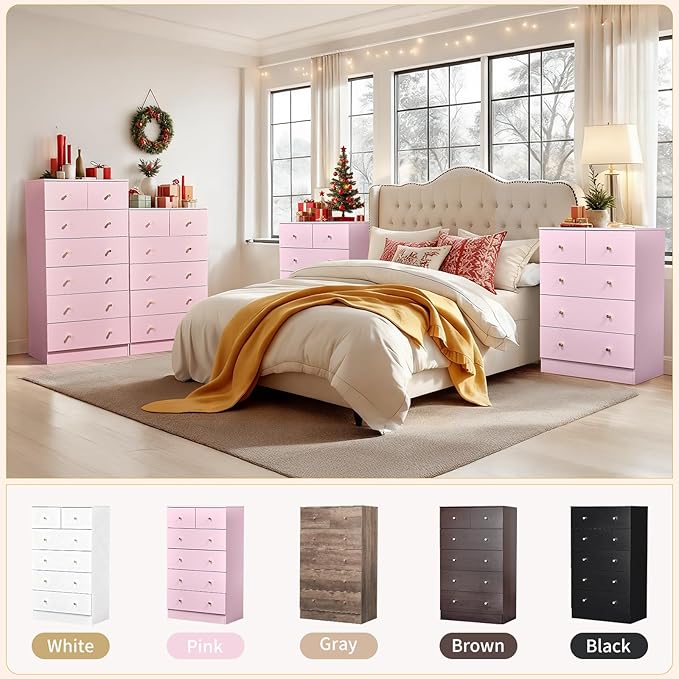 Karl home Pink 6 Drawer Dresser for Bedroom, Tall Dresser Chest of Drawers, Rustic Wood Bedroom Dressers Clothes Organizer, Anti-Tipping Device, Rose Gold Metal Handle, Living Room, Entryway, Office