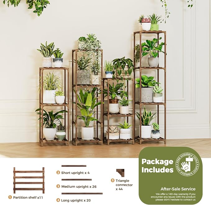 Bamworld Tall Plant Stands Indoor 4 Sets Plant Shelves Outdoor Wooden Plant Holder for Multiple Plants Flower Stands for Living Room Balcony Garden Patio Lawn Window