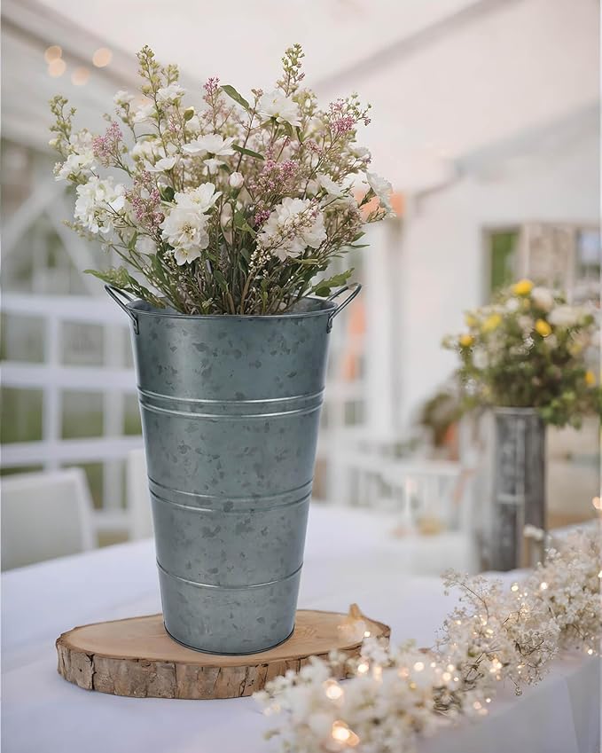 12 Inch Galvanized Metal Vases for Flowers - 2 Pcs Farmhouse Decorative Tall Flower Bucket with Handles, Rustic French Tin Planter Buckets for Wedding Decor (Galvanized Black)
