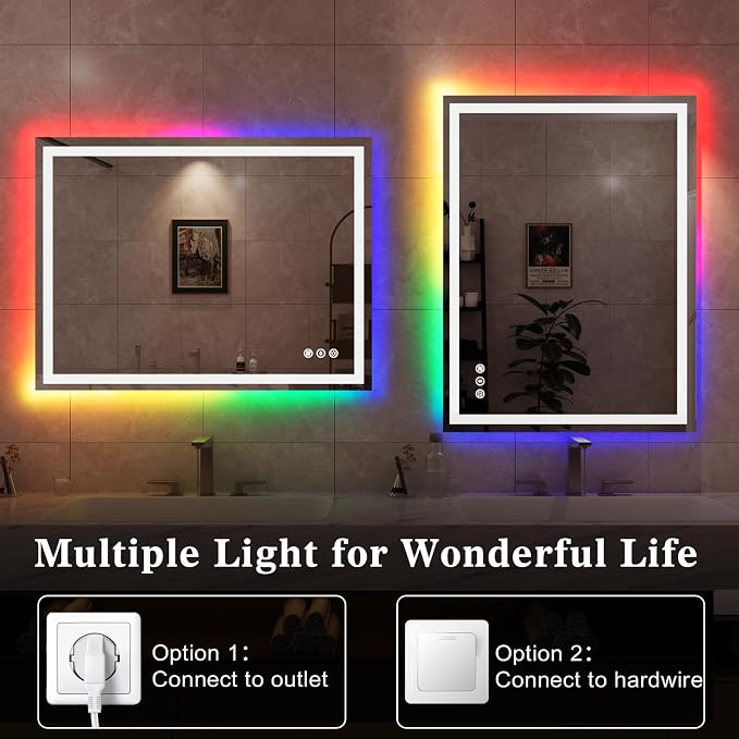 WTTY LED Bathroom Mirror 40"x30" with RGB Backlit and Front Light,Stepless Dimmable LED Mirror for Bathroom,Lighted Bathroom Vanity Mirror,Anti-Fog,Memory Function,Shatter-Proof,Wall Mounted