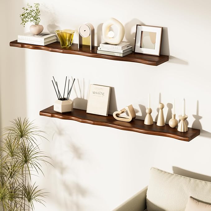 Solid Wood Live Edge Floating Shelves Set of 1 – 48" Rustic Wall Shelf with Hidden Bracket System, Wall Mounted Shelves for Bathroom, Kitchen, Living Room, Bedroom (Walnut)