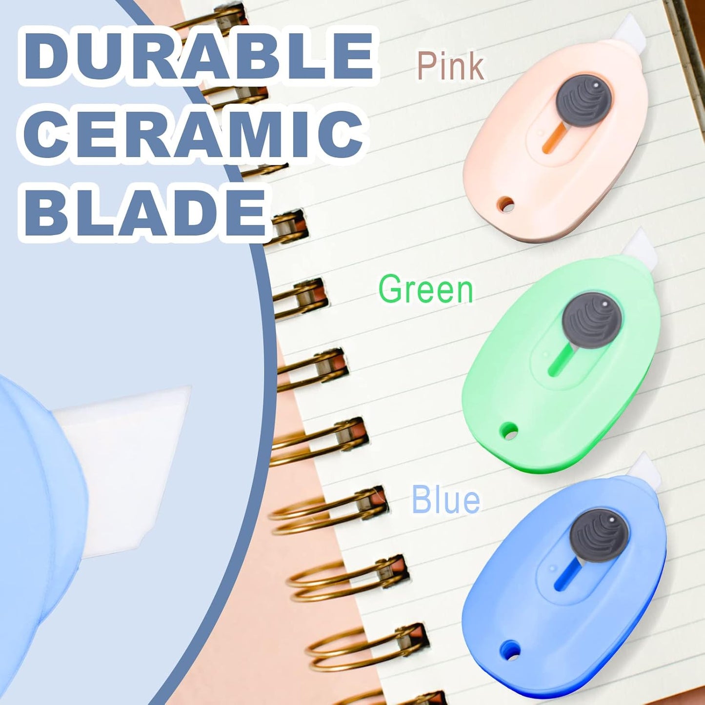 Sonuimy Mini Ceramic Box Cutter - 3-Pack Safety Box Opener with Retractable Blades | Keychain-Friendly (Pink, Green, Blue)