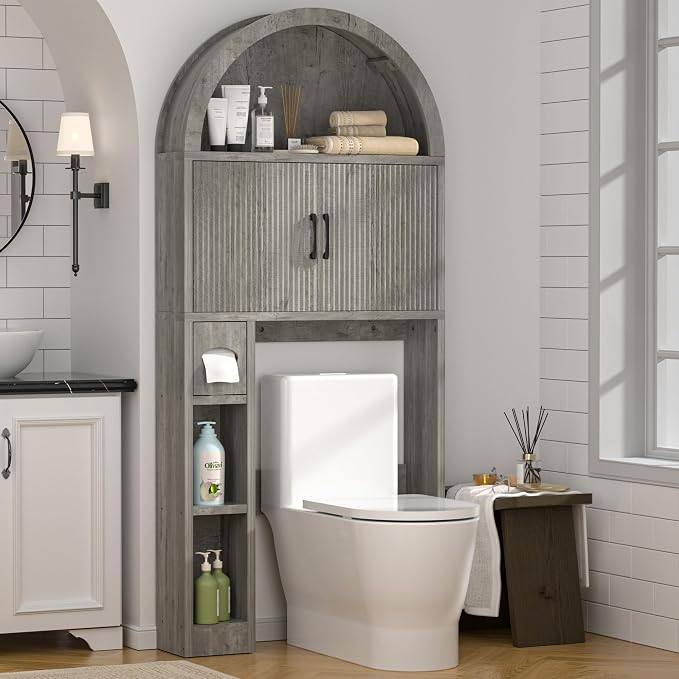 Spurgehom Over The Toilet Storage Cabinet, Bathroom Shelf Organizer Freestanding, Bathroom Arch Cabinet Over Toilet with Toilet Paper Holder and Anti-Tipping Device, Grey