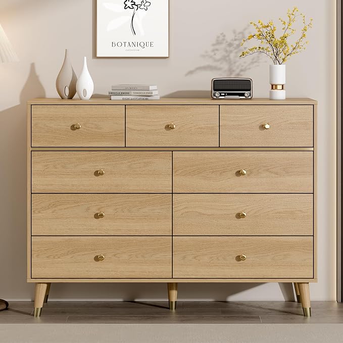 9 Drawer Dresser,47" Wide Mid Century Modern Chest of Drawers,Wooden Bedroom Drawer Dresser with 9 Storage Drawers for Bedroom, Living Room,with Anti-Tipping Device,Yellow