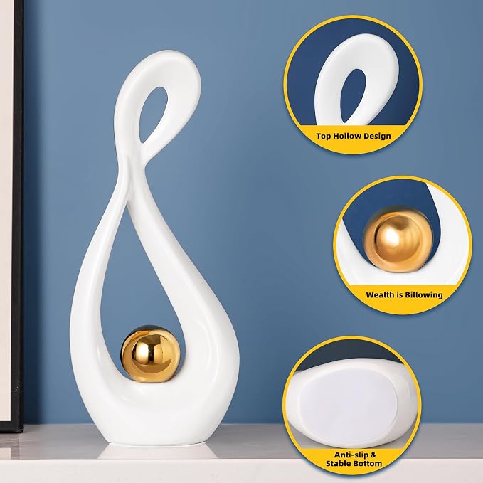 Modern Abstract Sculpture Home Decor, White and Gold Decor, Living Room Decoration Table Accessories, Table Art Ceramic Statue Decor, Centerpiece for Dining Room