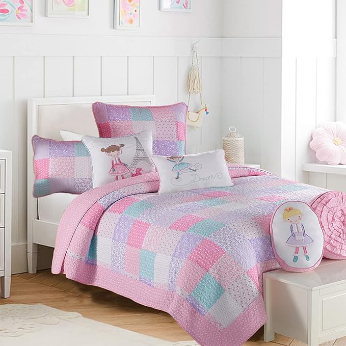 Cozy Line Home Fashions Angelina Floral Dot Pink Light Purple Blue 100% Cotton Reversible Girl Quilt Bedding Set, Bedspread, Coverlet (Queen - 3 Piece)