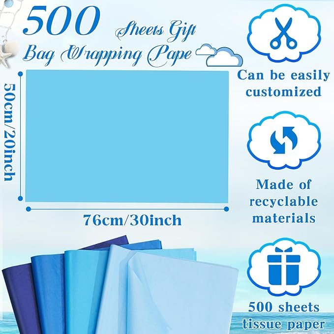 Qilery 500 Sheets Blue Tissue Paper Bulk for Gift Bags 20 x 30 Inch Acid Free Wrapping Paper Sheets for Winter Hanukkah Decoration DIY Crafts, Packing Supplies for Moving, Wedding Party, DIY Flowers