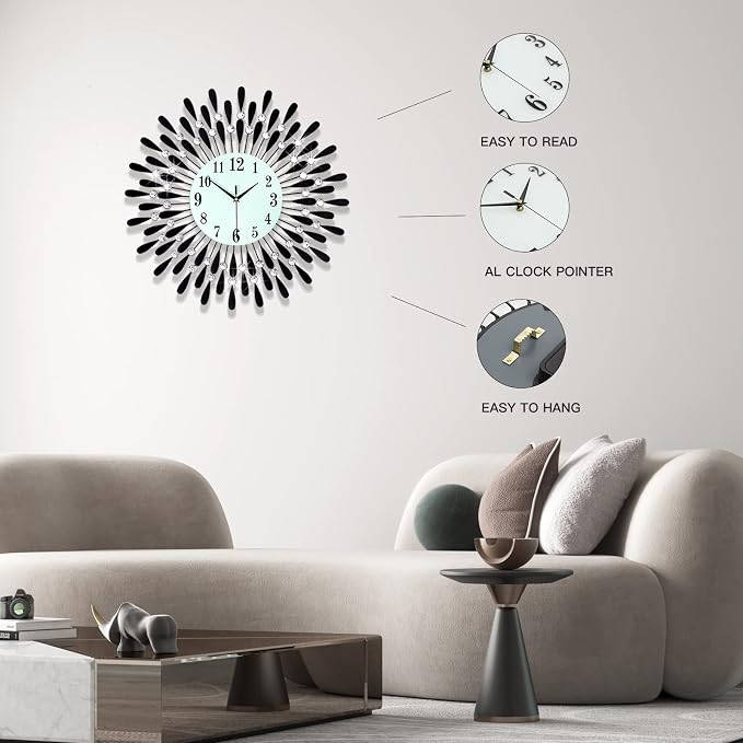 Large Wall Clocks for Living Room Decor Big Modern Silent Clock Non-Ticking for Bedroom Office Kitchen Home Decorative 24 Inch Round Black Clock Crystal Wall Art Decor for Indoor House