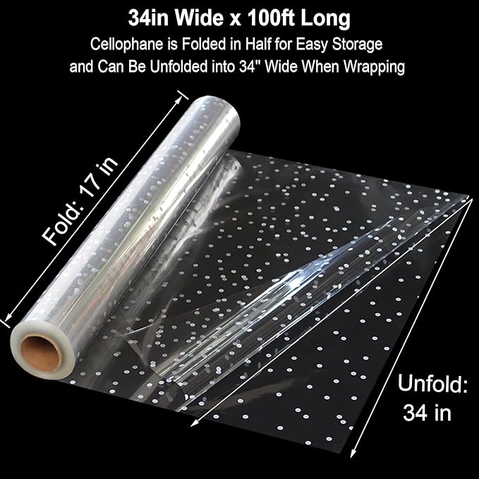 100 ftx34 in Extra Wide Clear Cellophane Wrap Roll with Irregular White Dot, Transparent Thicker Cellophane Roll, Gift Baskets Wrap Cellophane Film for Treats, Gifts, Holiday, Christmas Wrapping
