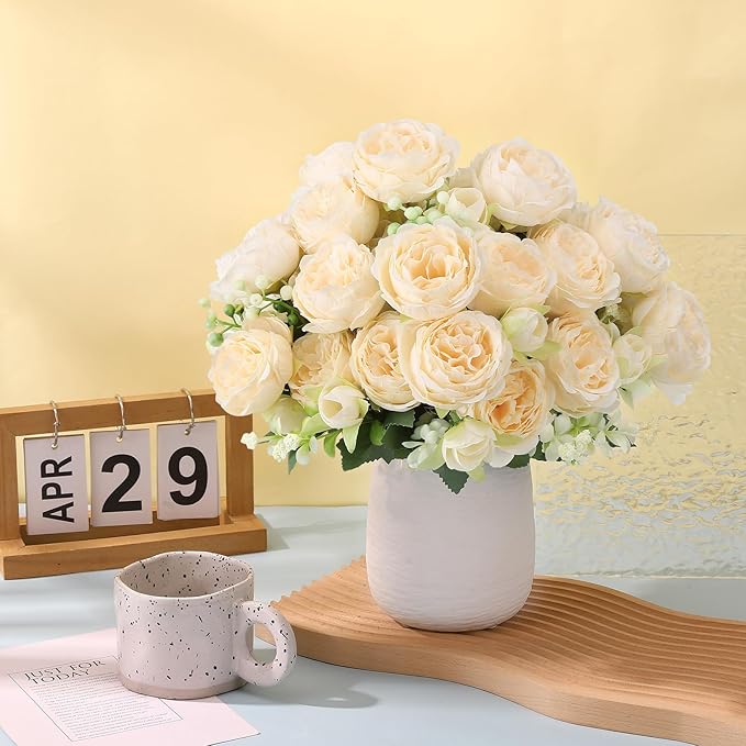 8 Pack Champagne Peonies Artificial Flowers, Cream Fake Silk Hydrangea Bouquet for Bridal Wedding Home Table Decor Reusable Dining Opening Ceremony Birthday Arrangement Faux Floral