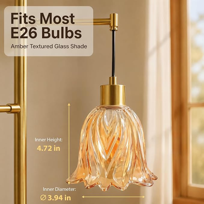 Gold 3-Light Glass Flower Floor Lamp, Mid Century Modern Brass Tree Standing Lamp, Vintage Boho Farmhouse Tall Floor Lamps for Living Room Bedroom Home Office