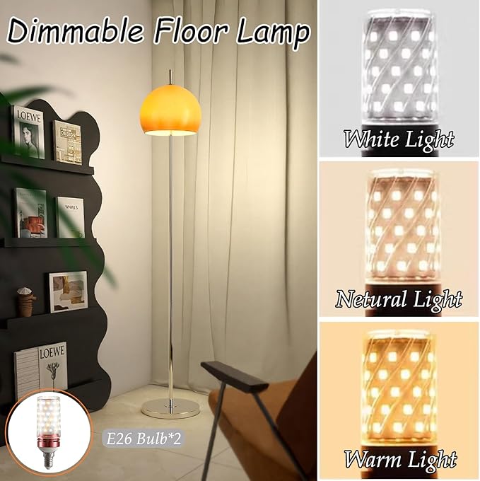 MIXL-Orange Mushroom Floor Lamp,Chrome Floor Lamp with Foot Switch,Dimmable Standing Lamp with Dome Shade,Mid-Century Modern Reading Lamp for Living Room Bedroom and Office
