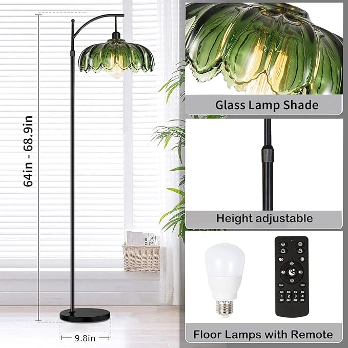 QIYIZM Glass Floor Lamp for Living Room,Bedroom,Gold Dimmable Standing Lamp with Remote,Mid Century Modern Brass Tall Lamp Boho Vintage Retro Floor Lamps Arc Green Flower Floor Light Lamp Bohemian