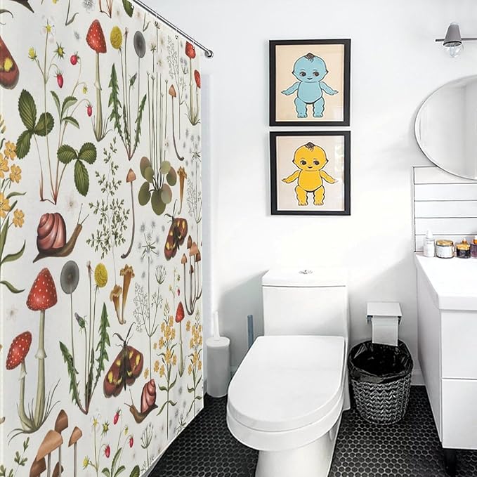 Mushroom Shower Curtain for Bathroom, Farmhouse Country Wild Floral Moth Botanical Mushroom Cottagecore Nature Plants Herbs Waterproof Fabric Shower Curtain Set with Hooks, 72"x84" Inch