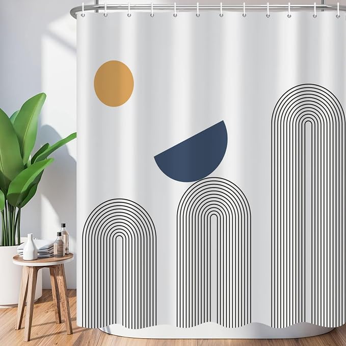 Boho Shower Curtain Mid Century Modern Shower Curtains For Bathroom Black and White Striped Minimalist Abstract Geometric Bohemian Shower Curtain Set Waterproof Fabric Bathroom Curtain 72x72 Inches