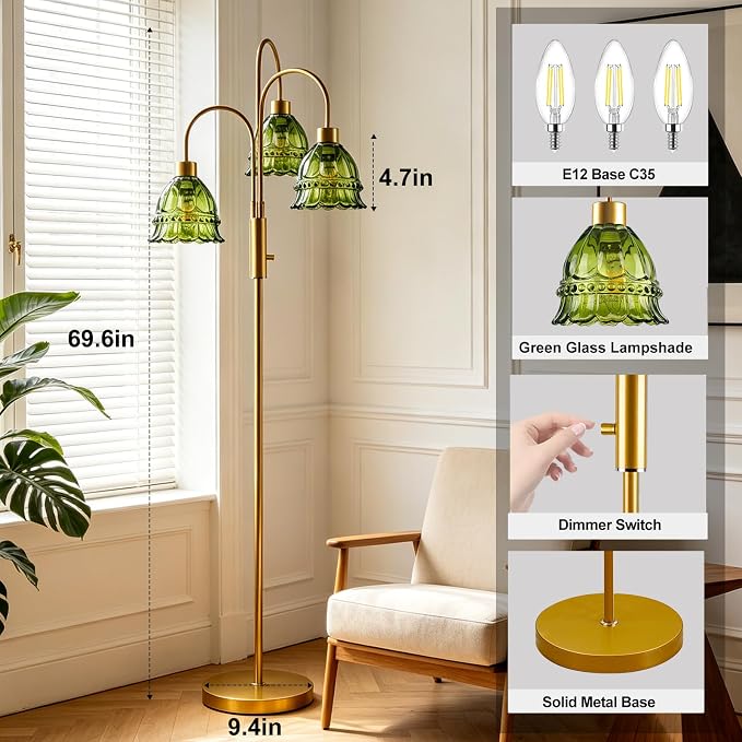 3-Light Glass Floor Lamp with Green Ribbed Glass Shades, 70" Gold Dimmable Tall Standing Lamp with 3PCS 3000K Warm White Bulbs, Modern Tree Pole Lamp for Living Room Bedroom Home Office Corner Decor