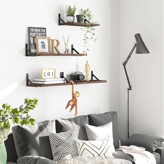 YGEOMER Floating Shelves for Wall, Different Sizes Walnut Wall Shelves for Living Room, Bathroom, Bedroom, Kitchen, Home Decor (Set of 4)