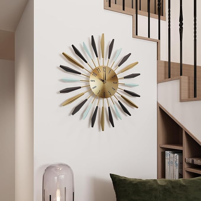 Cuspin Mid Century Modern Wall Clock, 22 Inch Large Metal Wall Clock for Living Room Decor, Colorful Sunburst Starburst Decorative Clocks Silent Battery Operated for Kitchen Bedroom Office
