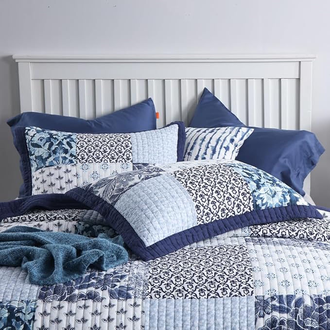 ENASAL Cotton Bedspread Quilt Sets Reversible Bedding Coverlet Sets Luxury Blue White Floral Real Patchwork Bedspread, Queen Size