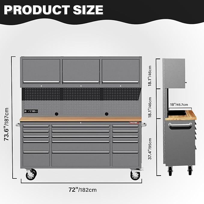 HAUTMEC 72" Rolling Tool Chest, Mobile Garage Workbench, Heavy-Duty Tool Cabinet on Wheels with 15 Drawers, 3 Upper Cabinets, Pegboard & 51 Hooks, Oak Work Surface & Power Strip – HT0428