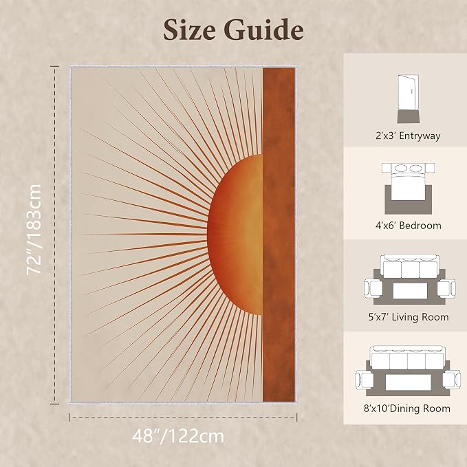 Sunburst Area Rug 4x6, Retro Sun Design Rug, Mid Century Modern Carpet for Living Room Bedroom, Soft Non Slip Washable Area Rug
