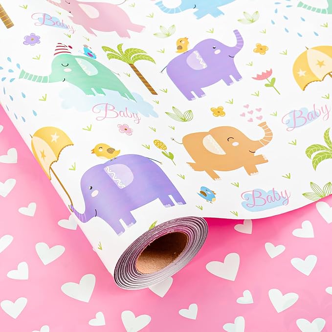 Homeral Girl Baby Shower Wrapping Paper Roll - Baby Elephant & Pink Heart Pattern, Reversible Newborn Gift Wrap for 1st Birthday, Party - Mini Roll - 17 Inch x 33 Feet