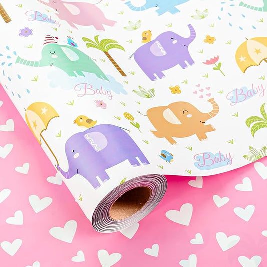Homeral Girl Baby Shower Wrapping Paper Roll - Baby Elephant & Pink Heart Pattern, Reversible Newborn Gift Wrap for 1st Birthday, Party - Mini Roll - 17 Inch x 33 Feet