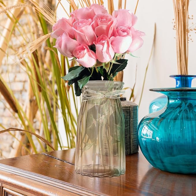 Nordic Style Glass Vase Amber Hydroponic Flower Bottle with Thickened Base Handmade Polished Smooth Opening Modern Decorative Storage Jar for Home and Office Decor