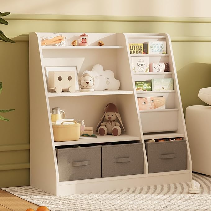 NACHES Kids Bookshelf and Toy Storage Organizer, Montessori Nursery Book Shelves with Sling Rack & Fabric Toy Bins, Toddler Baby Bookcase, Wooden Toy Shelf for Kids Room, Playroom, White-White