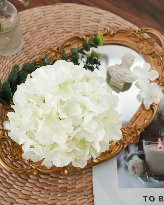 DuHouse 8.7" Silk Hydrangea Flower Heads with Stems Fake Hydrangeas Flowers for DIY Wedding Centerpiece Home Decor,Pack of 6(Cream)
