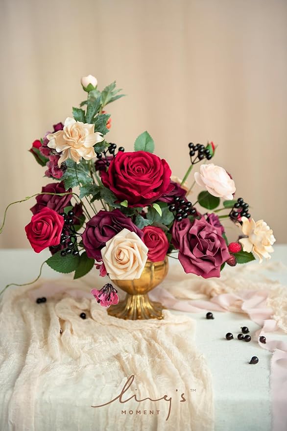Ling's moment Fake Flowers Box, Faux Greenery Stems Silk Rose Artificial Ranunculus Foam Gardenia for Wedding Bouquets Centerpieces Table Decorations Floral Arrangement, Bordeaux Red, Deluxe Combo