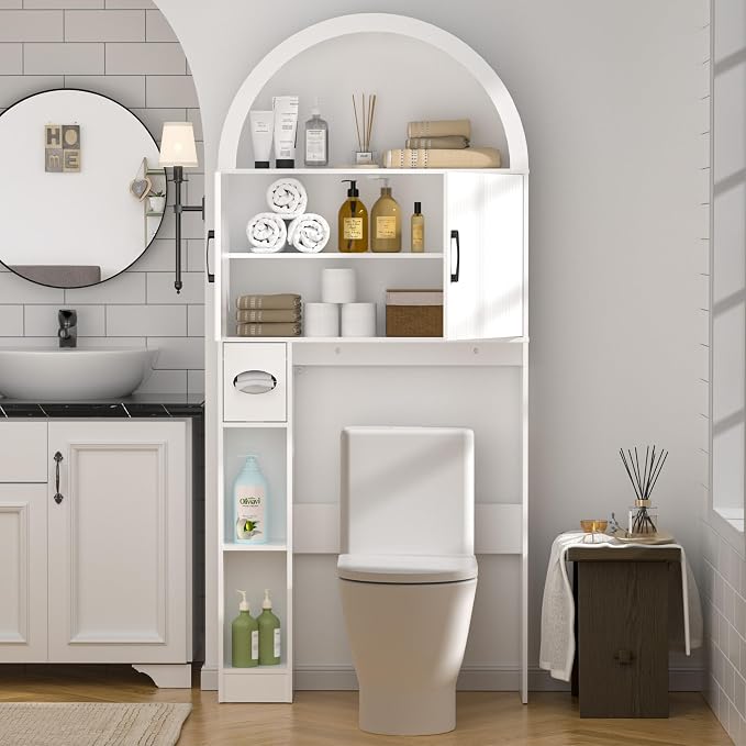 Spurgehom Over The Toilet Storage Cabinet, Bathroom Shelf Organizer Freestanding, Bathroom Arch Cabinet Over Toilet with Toilet Paper Holder and Anti-Tipping Device, White