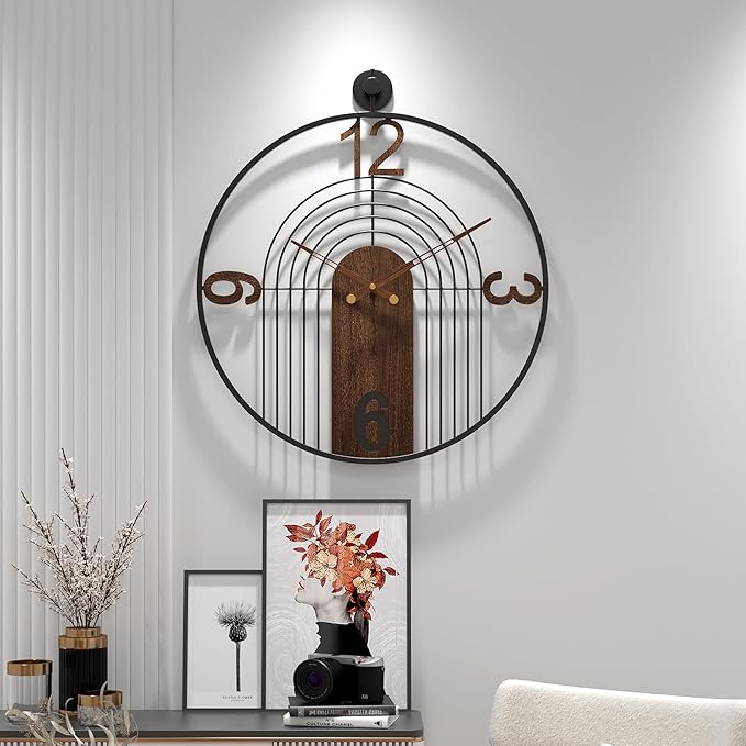 Modern Large Walnut Dial Wall Clock, Wood Metal Frame Silent Non Ticking Wall Clocks Decoration for Living Room, Bedroom, Kitchen, Study, Handmade Home Decor Present Idea, 22 Inch