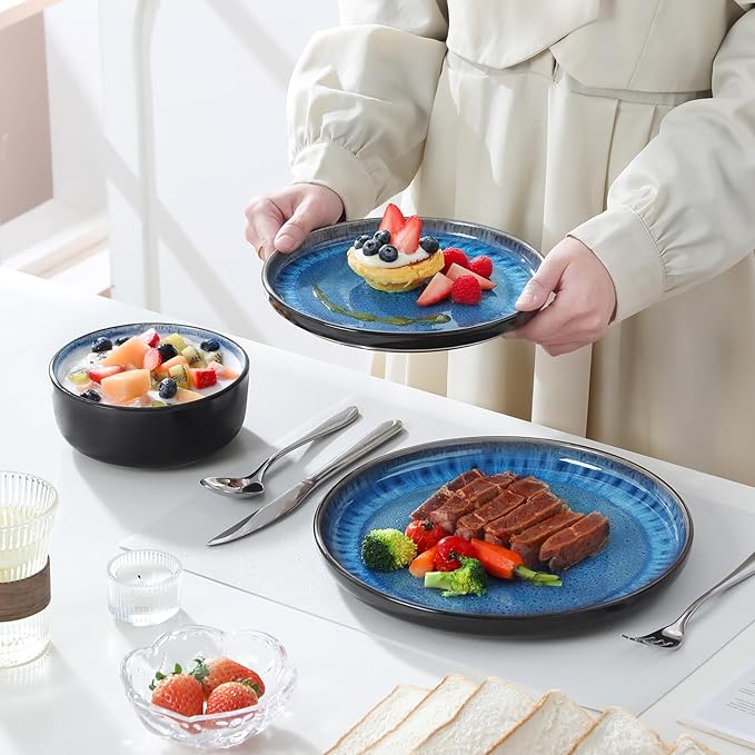 vancasso PLAYA Plates and Bowls Sets, 18 Pieces Blue Dinnerware Sets for Kitchen, Reactive Glaze Dishes Set for 6, Dishwasher and Microwave Safe