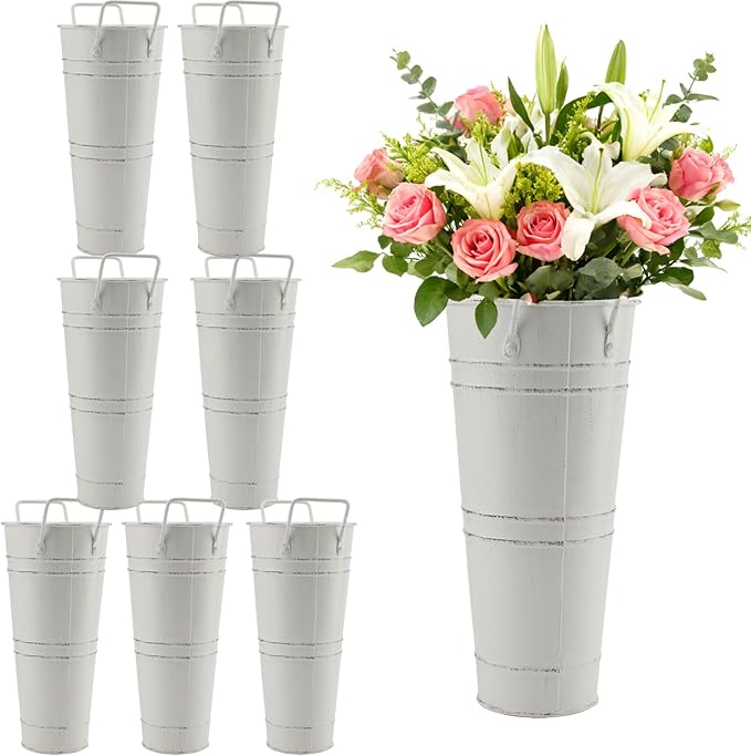 HOIGON 8 PCS Galvanized Metal Flower Vases, 9 Inch Rustic Farmhouse French Bucket with Handles,Metal Flower Holder for Weeding, Table, Home Decoration, White