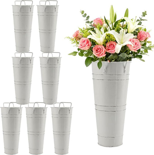 HOIGON 8 PCS Galvanized Metal Flower Vases, 9 Inch Rustic Farmhouse French Bucket with Handles,Metal Flower Holder for Weeding, Table, Home Decoration, White
