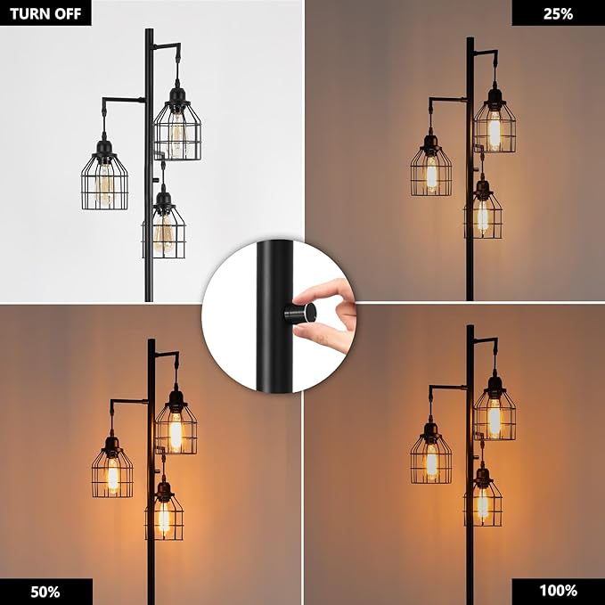 9MMML Floor Lamp for Living Room, Farmhouse Industrial Dimmable Floor lamp,3 Lights Metal Cage Tree Standing Lamp,68", 3Pcs Led Bulbs Included